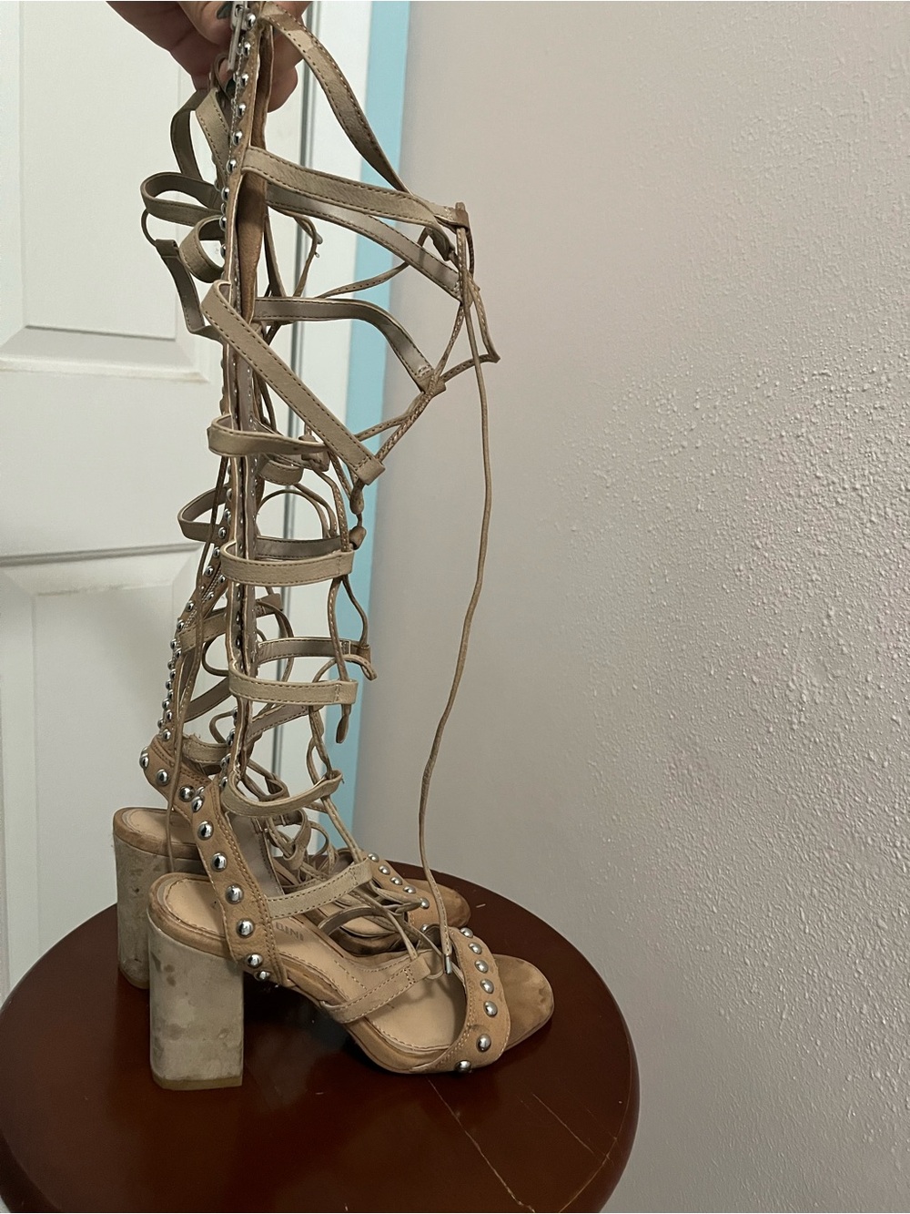 Gianni Bini Beige Lace-Up Studded Gladiator Heeled Sandals - Picture 2 of 4